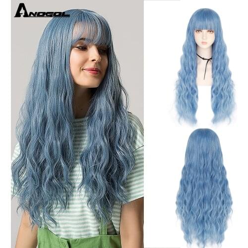 ANOGOL Long Deep Wave Hair Wigs Pink Gold Blonde Black Blue White Synthetic Wig With Flat Bangs Fringe for Women Lolita Cosplay