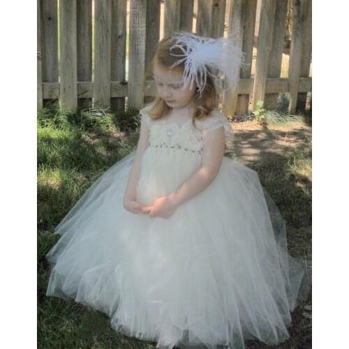 Girls White Feather Flower Tutu Dress Kids Lace Tulle Dress Ball Gown with Hairclip Set Children Birthday Party Costume Dresses