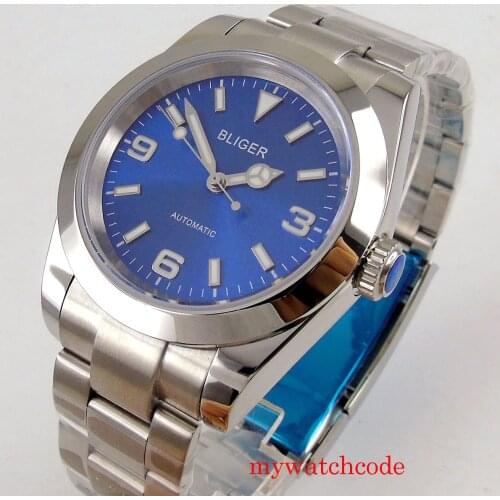 Bliger 36mm Blue Dial Sapphire Crystal Luminous Marks MIYOTA 8215 Automatic Mens Watch Oyster Braclet Polished Bezel