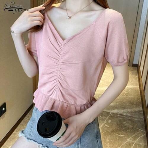 Blusas Seven Colors Solid Blouse Women Short-Sleeve V-neck Cotton Women Shirt Pullover Casual Puff Sleeve 2021 Summer New 10058