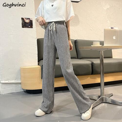 Retro Plaid Drawstring Pants Women Casual Loose Straight Pleated High Waist Slim Trousers Trends Mopping Wide-leg Bottoms Chic