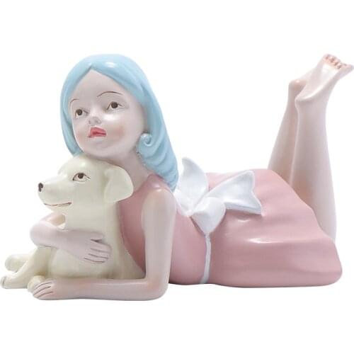 Decor Accesories For Home Figurines Statue Sculpture Miniature Creative Home Decorations Kawaii Girl Hug Dog Room Ornaments Pink