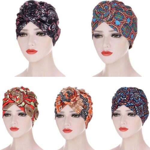 Indiann Turban Muslim Women Hijab Chemo Cap African Print Hat Twist Knot Beanie Bonnet Hair Loss Cover Head Scarf Wrap Headwear