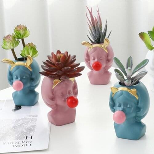 Succulent Planters Resin Human Head Golden Vase Creative Cute Woman Bubble Gum Flower Vase Decoration Household Living Room