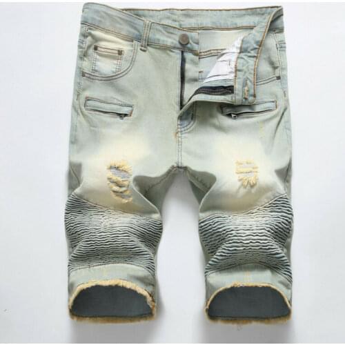 Men Denim Shorts Retro Shorts Distressed Ripped Jeans Straight Slim Fit Shorts