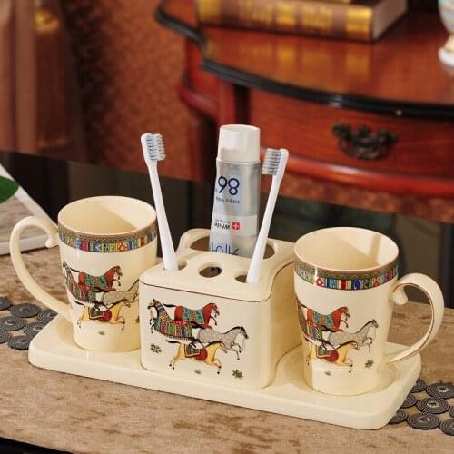 Bathroom Ceramic Wash Set Toothbrush Holder & Cup With Tray Lavatory 4 Pieces Set Couple Mouthwash Electric Toothbrush Holder