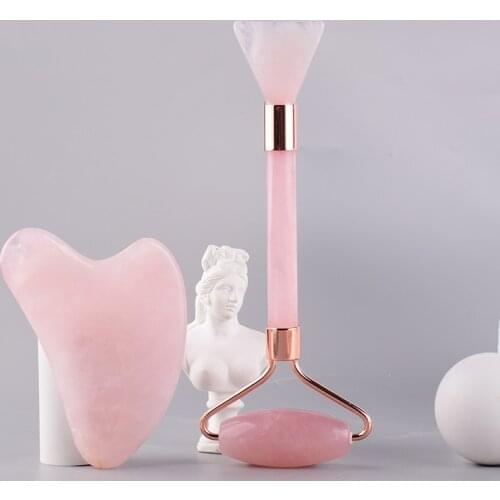 Jade Roller & Mask Brush Gua Sha Set Beauty Skin Care Tools Natural Rose Quartz Massager For Face Eyes Neck Relaxing Fine Lines