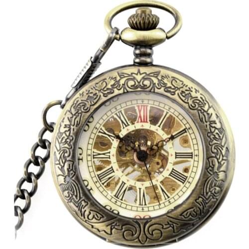 10pcs/lot New Arrival Bronze Men Pocket Watch Skeleton Dial Bronze Hand Wind Mechanical Pocket Watch Wholesale