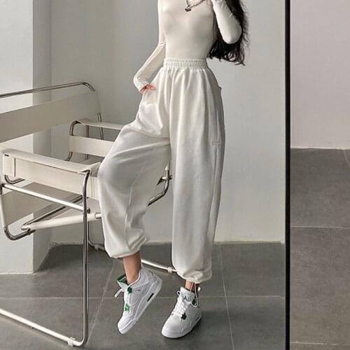 TVVOVVIN High Street Solid Color Labeling Loose Casual Wide Leg Pants Elastic Waist Drawstring Female Sweatpants T4R6