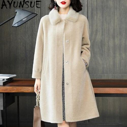 AYUNSUE Real Sheep Shearling Fur Coat Winter Jacket Women Mink Fur Collar 100% Wool Coats and Jackets Women Korean Jacket MY3999