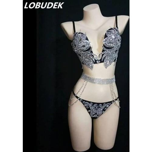 Sexy Pole Dance Gold Silver Black Rhinestones Bikini Chain Belt Set Festival Rave Club Party DJ Singer Dancer Team Stage Costume