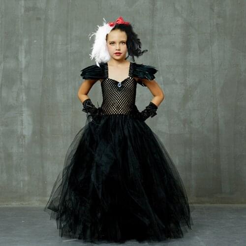 Handmade Girls Cruella de Vile Tutu Dress Kids Halloween Carnival Party Devil Costume Dalmatian Black Fancy Ball Gown Dresses