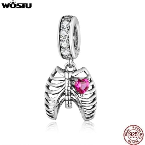 WOSTU 100% 925 Sterling Silver Ribs Dangle Charms Fit Original Bracelet Pendant Love oath of ribs Zircon Beads Jewelry CQC1459