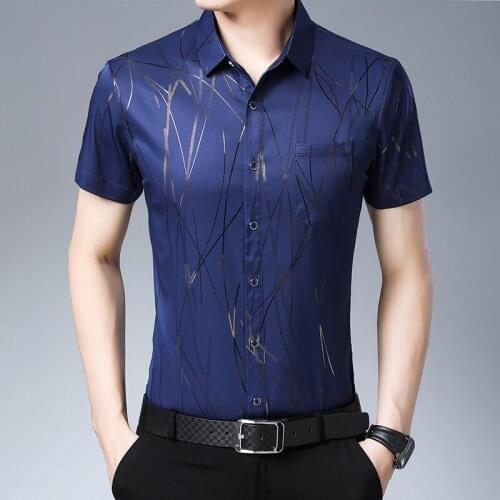 Dropshipping High Quality Cheap Men Fashion Striped Pattern Casual Slim Fit Short Sleeve Shirts