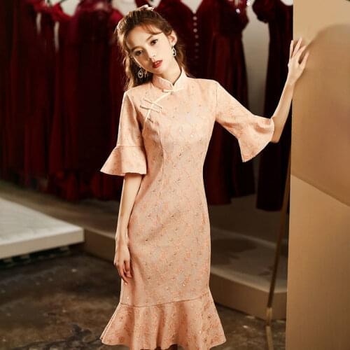 Pink Mermaid Cheongsam Dresses Elegant Qipao Short Chinese Wedding Dress Vintage Clothing Beaded Party Dress Qipao Traditioanl