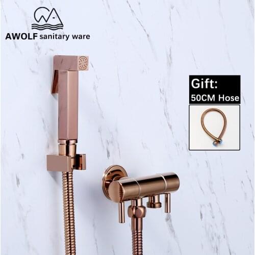 Solid Brass Hand Held Bidet Sprayer Rose Gold Square Toilet Shattaf Dual Copper Valve Douche Kit Faucet Shower Head AP2177