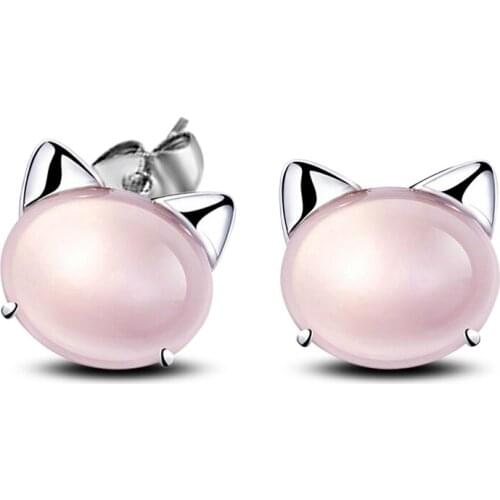 Cute Lovely Cat Head Pink Crystal Stud Earrings For Women Girls Silver Color Earring Fashion Jewelry Free Shipping