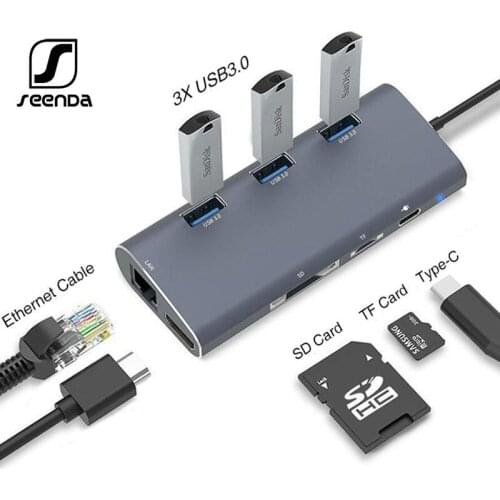 SeenDa USB C Hub VGA Ethernet Lan RJ45 Adapter for Macbook Pro Type C hub Card Reader 2 USB 3.0 + Type-C Charging