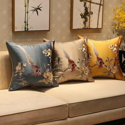 Chinese Style Embroidered Birds Cushion Cover High Quality Lark Flowers Waist Pillowcases Soft Living Room Office Decoration