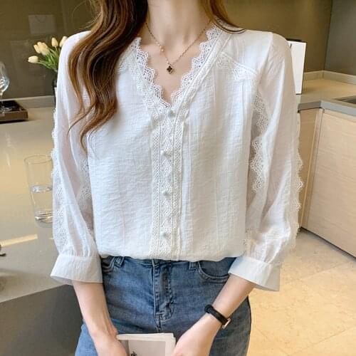 Blusas Mujer De Moda 2021 Summer Korean Fashion Women Blouse V Neck 3/4 Sleeve Slim Lace Female Shirt