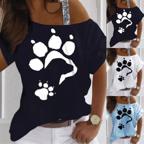 Women Short Sleeve Exposed One Shoulder Round Neck Sexy T-shirt Footprint Print Blouse Top Daliy All-match Lovely Girl T-shirt