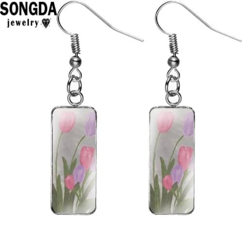 SONGDA Pink Tulip of Good Wishes Pattern Hanging Earrings Fashion Jewelry 2021 Women Romantic Jewelry Fish Hook Earrings Present