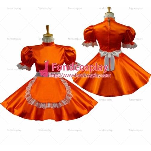 Sexy Sissy Maid Orange Satin Dress Lockable Uniform Cosplay Costume Custom-made[G585]