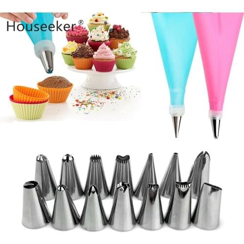 16Pcs/Set Cake Decorating Tools 14 Stainless Steel Nozzle + Silicone Pastry Bag
