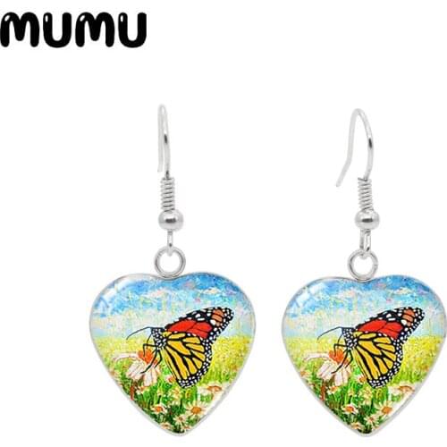 2021 New Butterfly and Daisy Heart Earring Glass Photo Jewelry Stainless Steel Fish Hook Earrings Gifts Girl