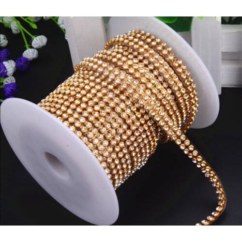 Hotfix 3mm 2rows/lot Crystal Rhinestone Trims clear Color bridal dress appliques trims in silver gold sewing accesso