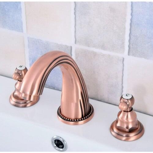 Antique Red Copper Brass Deck Mounted Dual Handles Widespread Bathroom 3 Holes Basin Faucet Mixer Water Taps msf536