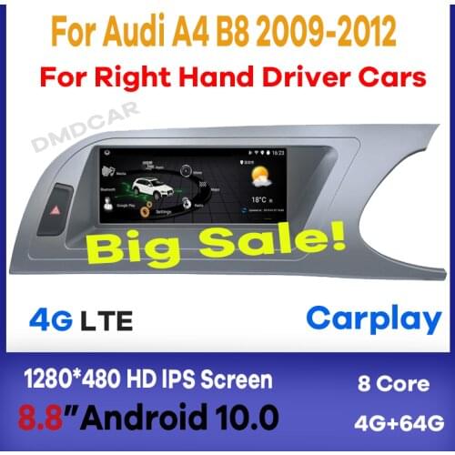 8.8" Android 10 Car Radio Multimedia Player GPS Navigation for Audi S4 RS4 A4 A4L B8 2009-2012 RHD CarPlay WiFi 4G Touch Screen