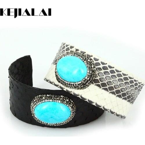 Python Leather Bangles Punk Women Jewelry Natural Stone with Rhinestone Paving Adjustable Open Cuff Bracelets Best Gift