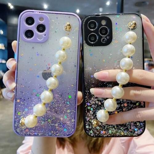Gradient Pearls Hanging Chain Case For iPhone 12 11 Pro Max 7 8 Plus XSMAX XR XS Anti-fall Glitter Camera Len Strap Phone Case