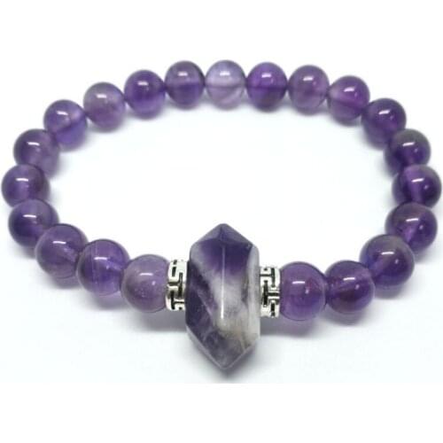 FYJS Unique Silver Plated Irregular Shape Pillar Connect Amethysts Stone Round Beads Elastic Bracelet Black Agates Jewelry