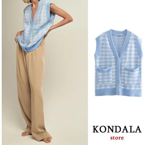 KONDALA FASHION 2021 za women waistcoat winter Light blue check cardigan knitted vest chic female Pullovers