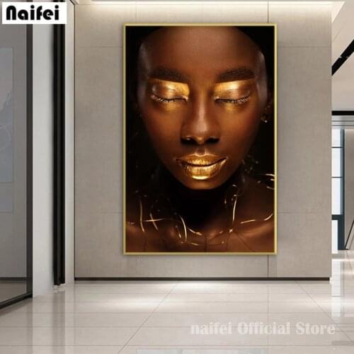 Full DIY Diamond Painting Gold Lip Africa Woman Cross Stitch Diamond Embroidery Portrait Pattern Rhinestones Mosaic Home Decor