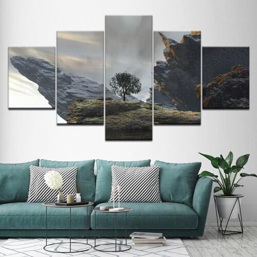 Canvas Painting The tree on the cliff landscape 5 Pieces Wall Art Painting Modular Wallpapers Poster Print Home Decor