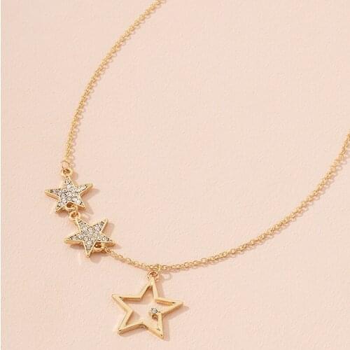 Korean Simple Hollow Out Star Pendant Necklace Exquisite Shiny Crystal Zircon Gold Chain Jewelry Wedding Party Accessories