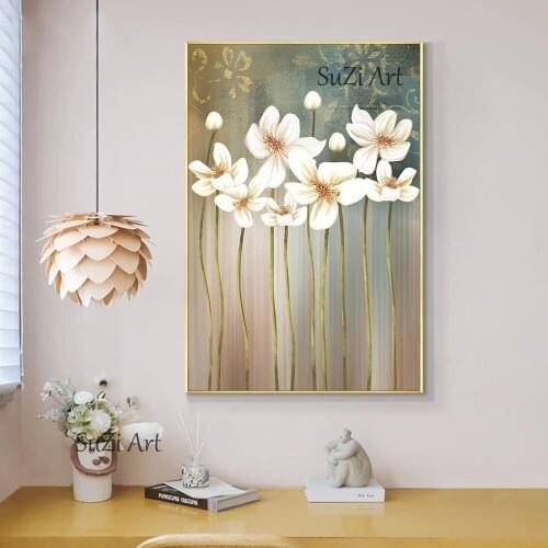 Best White Flowers Abstract Oil Painting Modern Hand-painted Wall Art Living Room Picture Home Decoration Painting No Framed