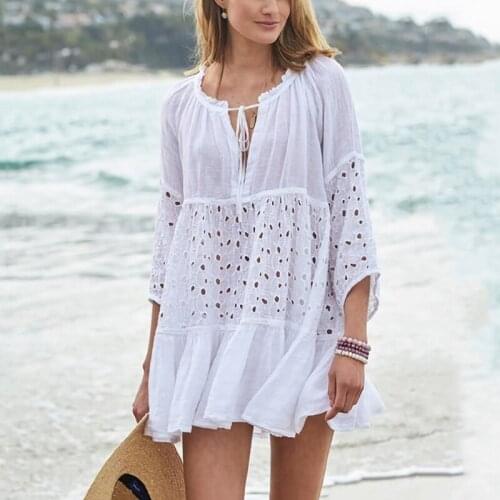 Fashion Simple Versatile Comfortable Loose Hollow Out Slub Cotton Stitching Lace Long Sleeve Sunscreen Bikini Blouse Holiday