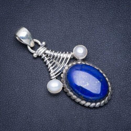 Natural Lapis Lazuli and River Pearl Handmade Unique 925 Sterling Silver Pendant 1.75" A0280