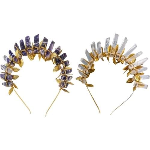 New Handmade Metal Leaf Goddess Tiara Crown Headband Retro Raw Crystal Quartz Jewelry Hair Hoop Wedding Bridal Cosplay Halo