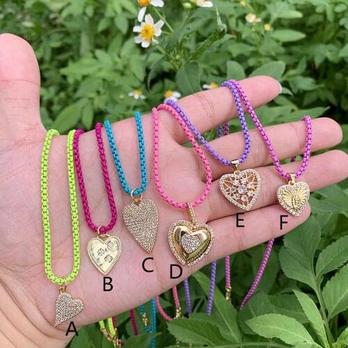 Rainbow Enamel Box Chain Necklace Hollow out/Embossing Heart Copper Gold Plated CZ Micro Pave Pndant Bulk Jewelry Wholesale