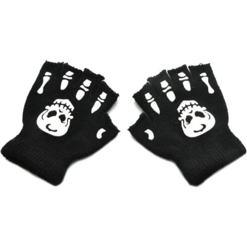 Toddler Kids Halloween Cosplay Skeleton Skull Half Finger Gloves Glow in the Dark Luminous Fingerless Winter Mittens