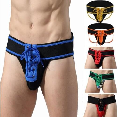 Sexy Mens Thongs Footballer Lace Up Jockstrap Lingerie Panties Front Lacing Gay Open Butt String Homme Underwear Tanga Hombre