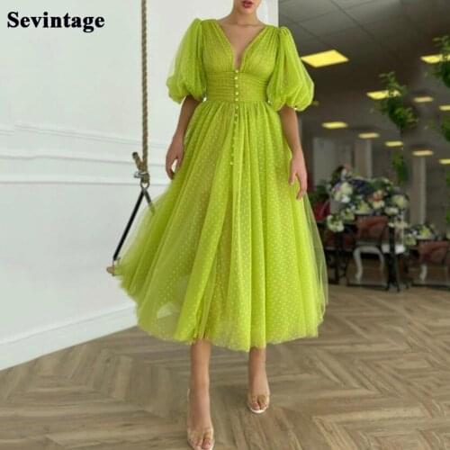 Sevintage Half Puff Sleeves Tea-Length Prom Dress V-Neck Pleats Dotted Tulle Homecoming Dresses Buttons Custom Made Party Gown