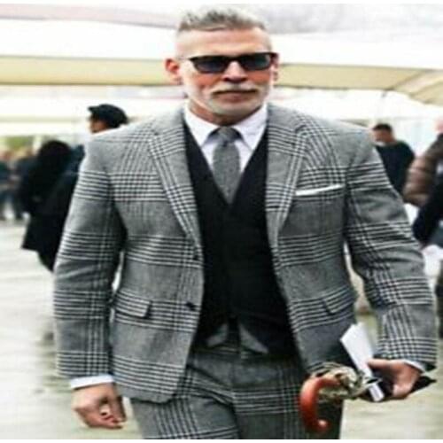 Vintage Mens 3 Pieces Suit Tweed Plaid Notch Lapel Tuxedos for Wedding Prom Dinner(Blazer+Vest+Pants)