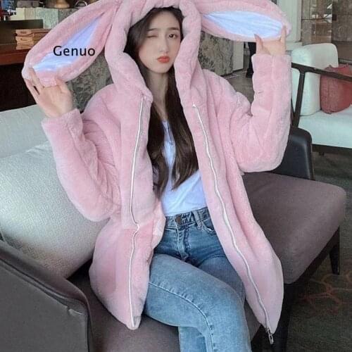 Japanese Winter Gothic Lolita Jacket Sweet Soft Sister Harajuku Rabbit Ears Hoodie Warm Plush Coats Korean Kawaii Hooded Outwear