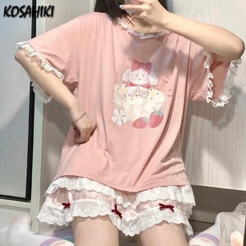KOSAHIKI Sweet Lace Patch Short Sleeve Pink T-shirt Women 2021 Japanese Kawaii Fashion Y2k Tops Cartoon Graphics Cute Tee Shirts